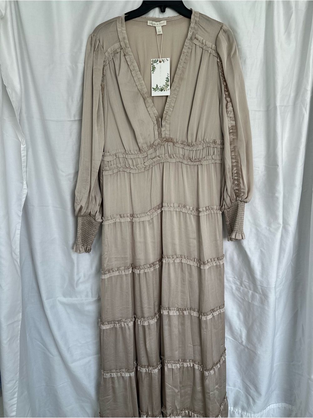 Chelsea and Violet Boho Tiered V-Neck Maxi Dress in Taupe